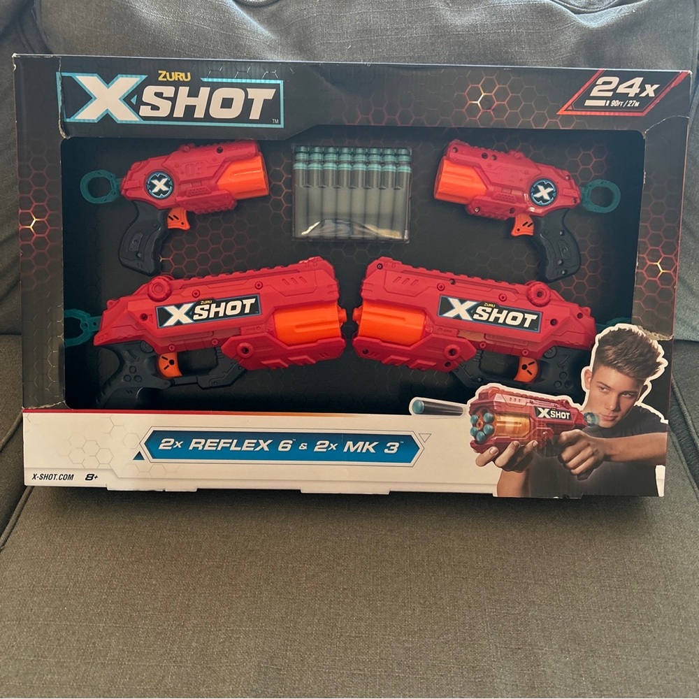 New Zuru XShot 4 Gun Bundle-2X Reflex 6 & 2X MK3 with 24 foam darts